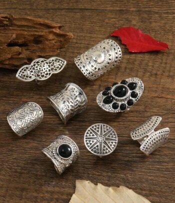 Vintage Black Silver Trendy Multiple Ring Set